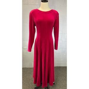Vintage 1980s Red Stretch Velvet Velour Long Sleeved Maxi Dress Gold Trim Med